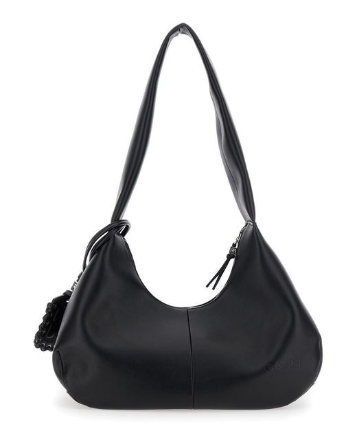 Ganni Black 'Bou Bag Hobo Medium' Shoulder Bag With Shoulder Strap And Removable Logo Patch