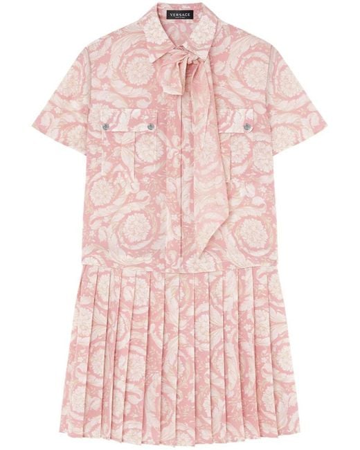Versace Pink Short Barocco Athena Dress In Silk With Bow