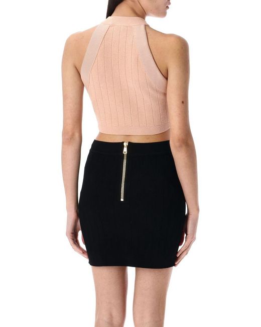 Balmain Black Cropped 6-Button Knit Halterneck Top