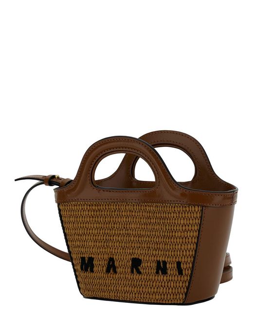 Marni 'tropicalia Micro' Brown Handbag With Logo Lettering Detail In Leather And Rafia Effect Fabric Woman