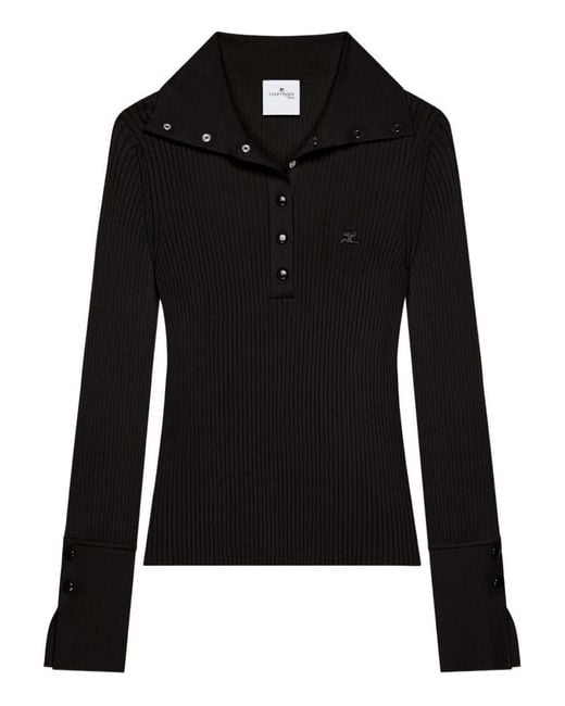 Courreges Black Fitted Ribbed Long-Sleeve Top With Unique Collar