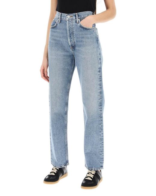 Agolde Blue Straight Leg Jeans From The 90's With High Waist