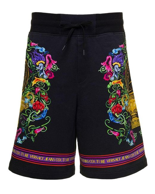 Versace Blue Black Shorts With Floreal And Logo Lettering Print In Cotton for men