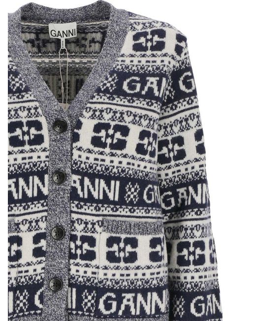 Ganni Blue Cardigan With Graphic Print All-Over