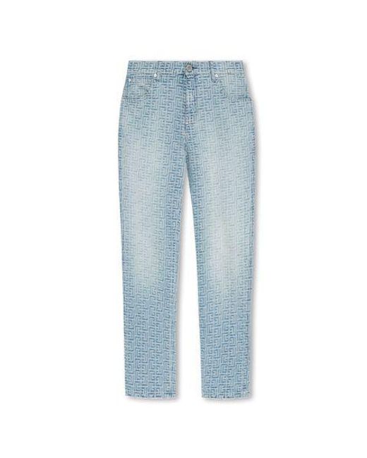 Balmain Blue Monogram Cotton Jeans for men
