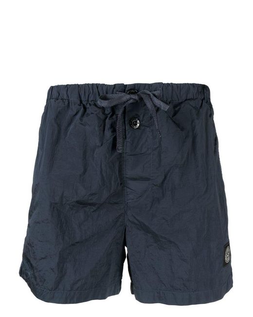 Stone Island Blue Logo-patch Crinkled Shorts for men
