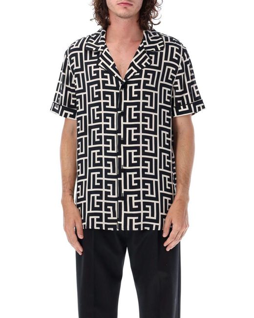 Balmain Black Monogram-print Short-sleeve Shirt for men