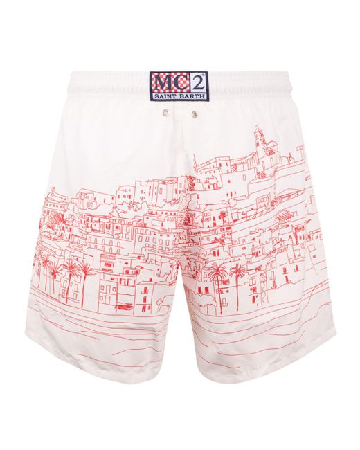 Saint Barth Red Gustavia Swimsuit With Ibiza Old Town Print for men