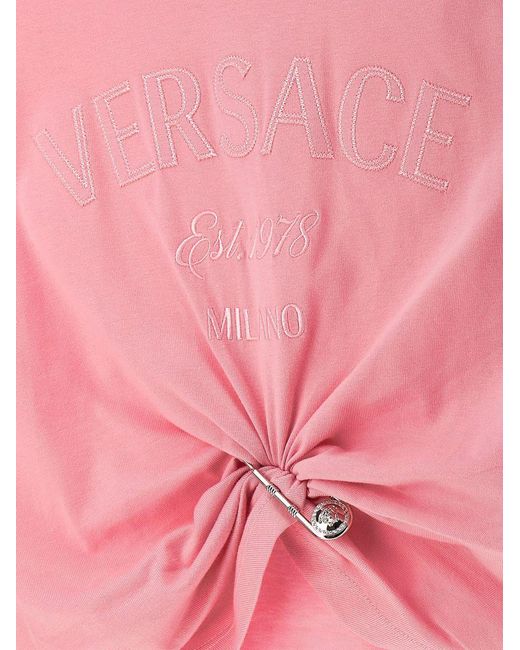 Versace Pink Bropped With Embroidered Logo Pin T-shirt