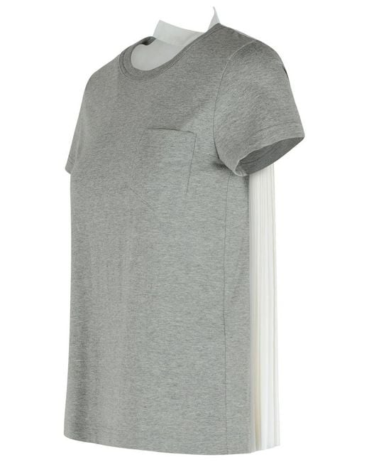 Sacai Gray Ribbed Cotton T-Shirt With Pleated Back Insert