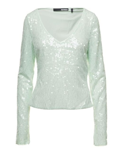 ROTATE BIRGER CHRISTENSEN Blue Long Sleeve Top With All-Over Sequins