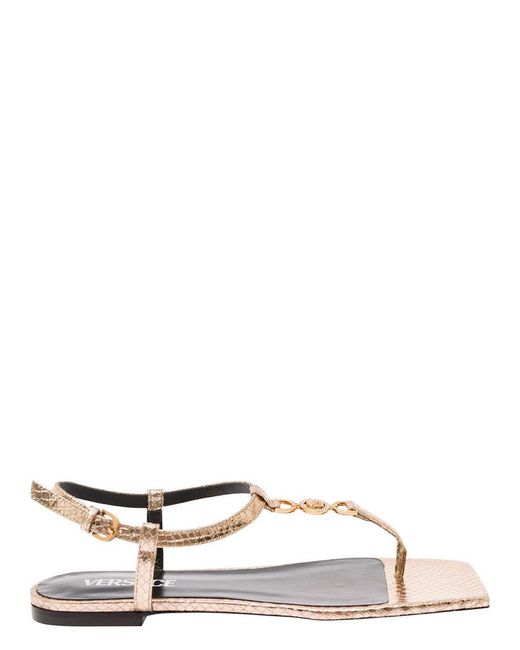 Versace Natural 'medusa '95' Gold-colored Low Sandals With Logo Detail In Snake-printed Leather Woman