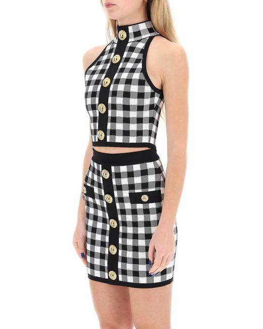 Balmain Multicolor Gingham Knit Cropped Top With Embossed Buttons