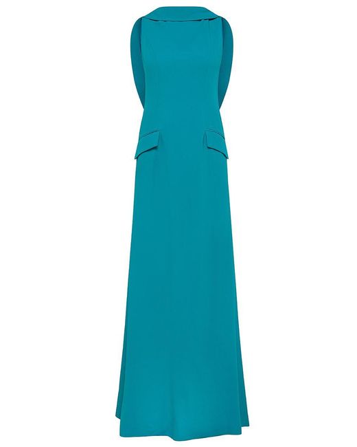 Alberta Ferretti Blue Long Satin Dress With Round Neckline And Ruffle
