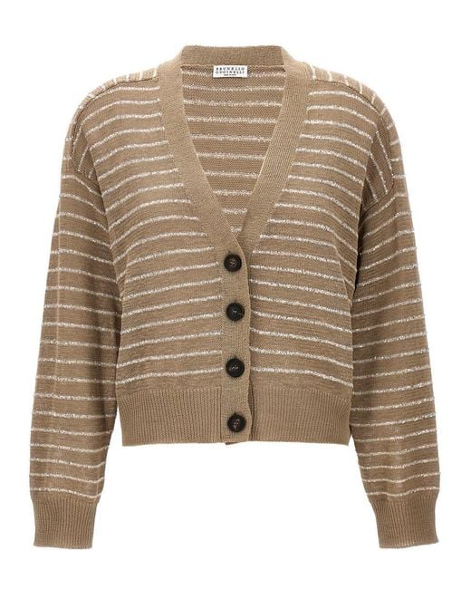 Brunello Cucinelli Brown Sequin Striped Cardigan Sweater, Cardigans