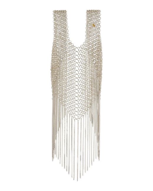 Silvia Gnecchi White Silver-tone Vest With Fringes In Metal Mesh Woman