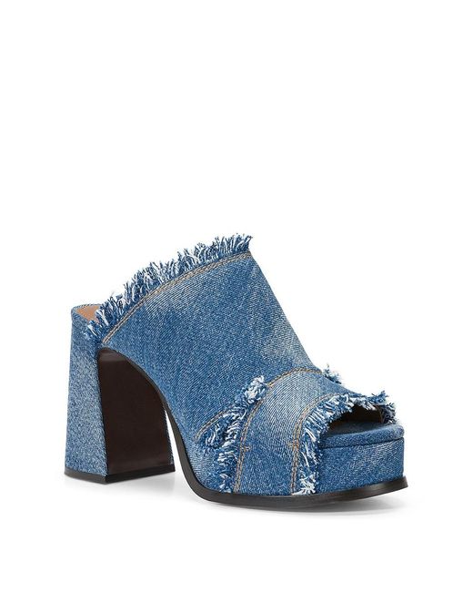 Ash Blue Denim Fabric Mules With Wide Heel