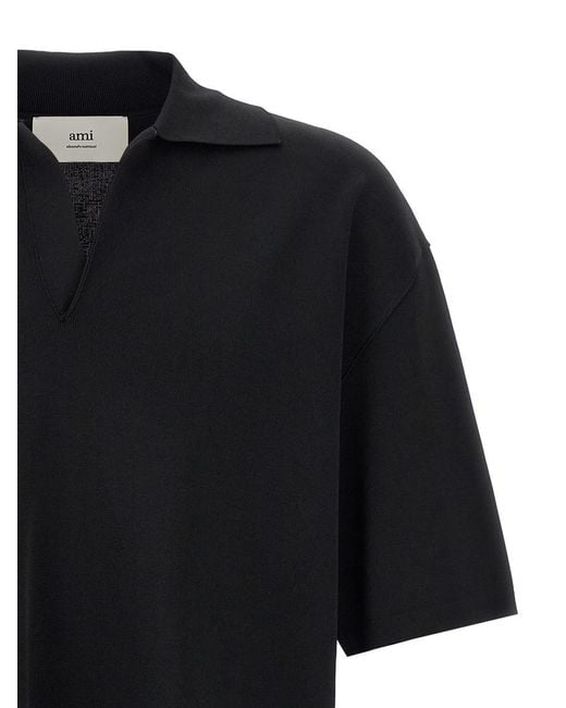 AMI Black V-Neck Polo Shirt With Oversized Fit