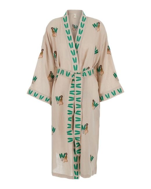 Nimo With Love White Cardigan With All-Over Applied Embroidery And Waist Belt