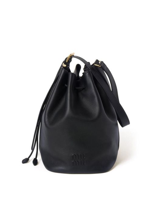Miu Miu Black Logo-Embossed Leather Bucket Bag