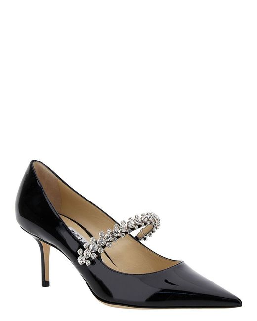 Jimmy Choo 'bing Pump' Black Pumps With Crystal Strap In Patent Leather Woman