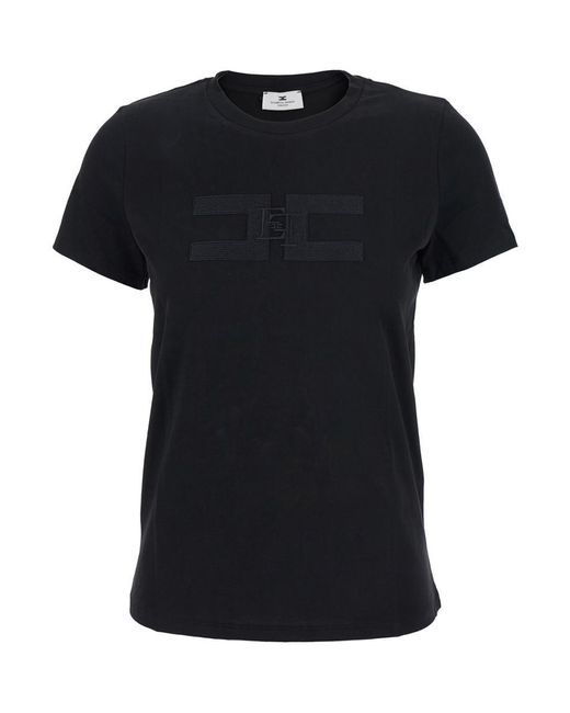 Elisabetta Franchi Black T-Shirt With Embroidered Logo On The Front