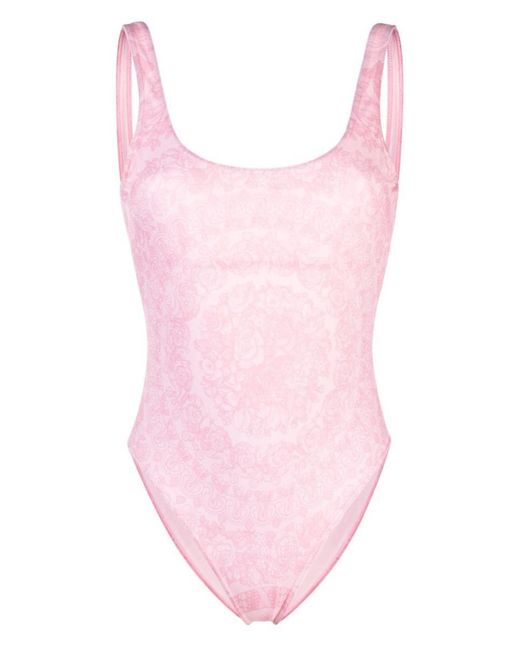 Versace Pink Barocco Print High-cut Swimsuit