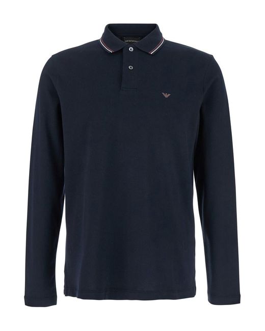 Emporio Armani Blue Long Sleeve Polo Shirt With Logo Embroidery for men