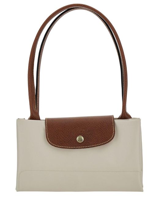 Longchamp Brown L Le Pliage Original White Shoulder Bag With Embossed Logo In Canvas