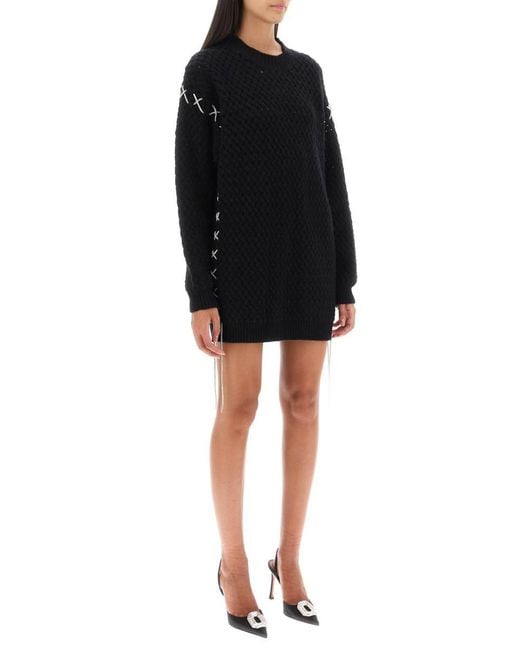 GIUSEPPE DI MORABITO Black Knitted Mini Dress With Rhinestone-studded Tubular