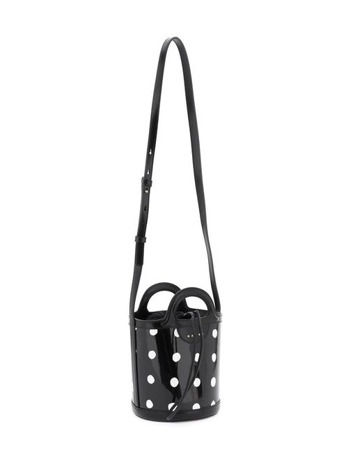 Marni Black Patent Leather Tropicalia Bucket Bag With Polka-dot Pattern