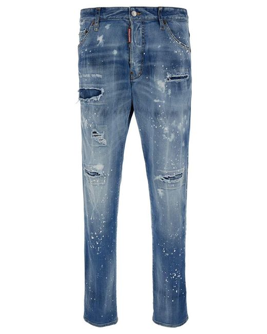 DSquared² 'cool Guy' Light Blue Five-pocket Jeans With Rips And Paint Stains In Stretch Cotton Denim Man for men