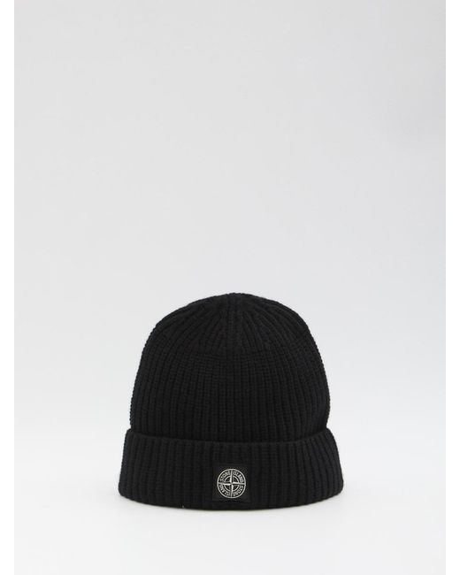 Stone Island Black Beanie With Compass Logo Patch for men