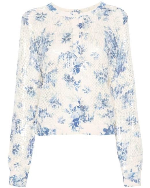 Twin Set Blue Cotton Cardigan With Floral Print And Rhinestones