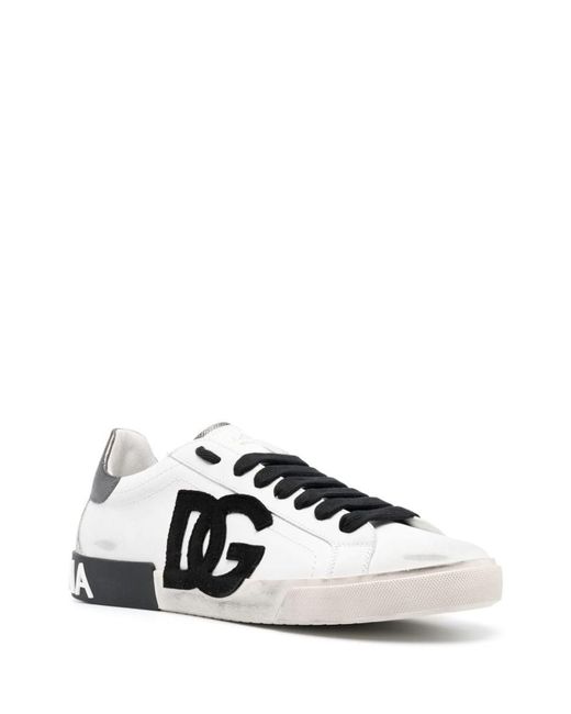 Dolce & Gabbana White Portofino Vintage Logo-embossed Leather Low-top Trainers for men