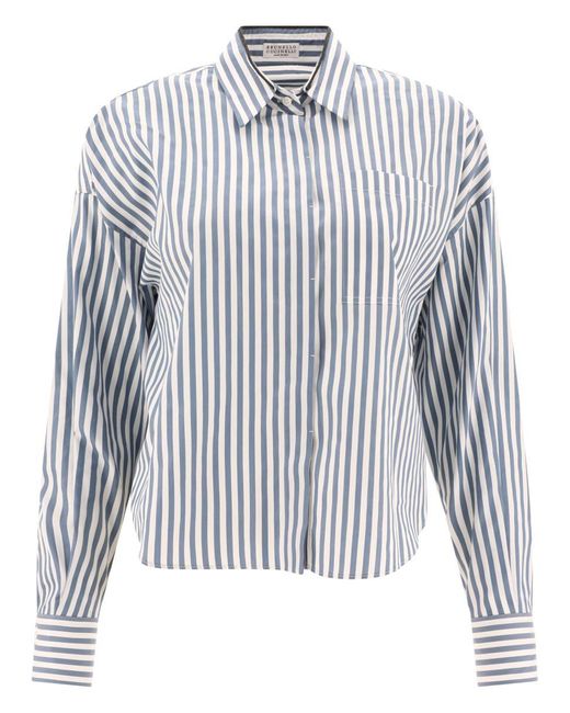 Brunello Cucinelli Blue Striped Shirt With Shiny Collar