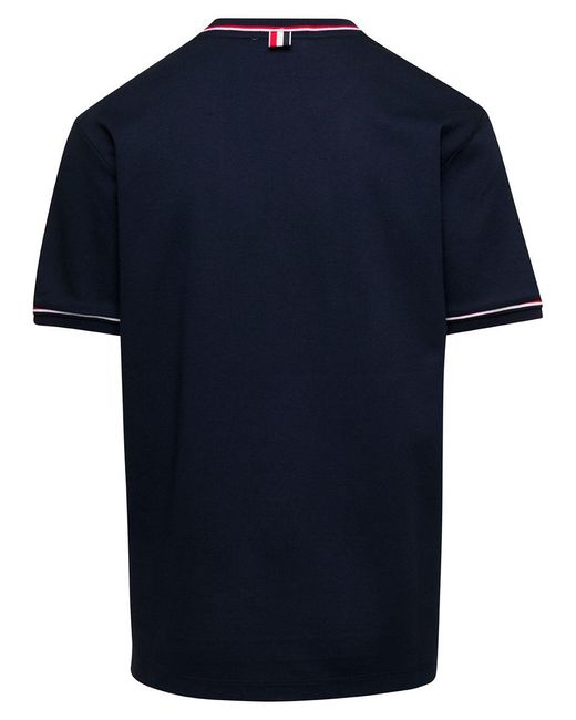 Thom Browne Blue Crewneck T-shirt With Striped Trim In Cotton Man for men