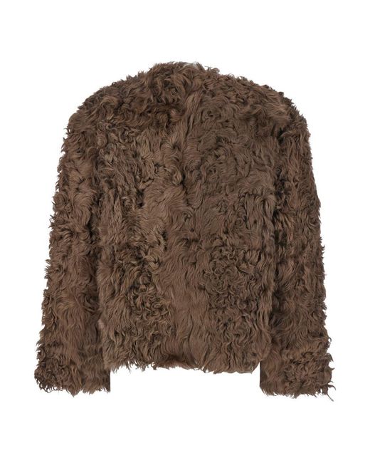 Plain Brown Collarless Lamb Fur Jacket