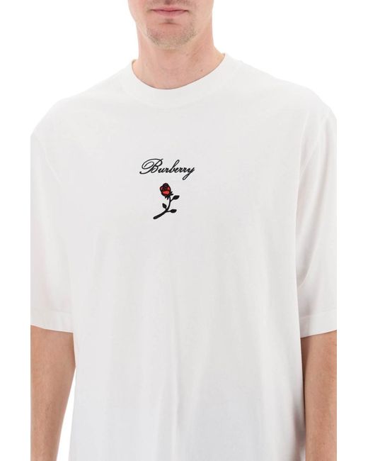 Burberry White Loose Fit T-Shirt With Rose for men