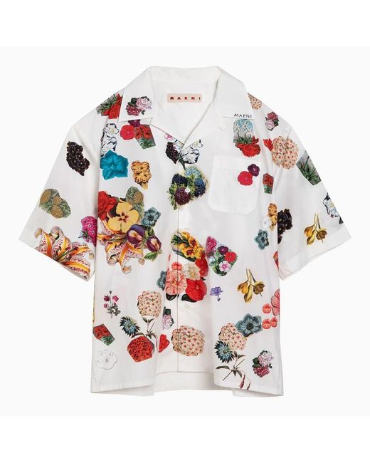 Marni White Bowling Shirt With Flower Print In for men