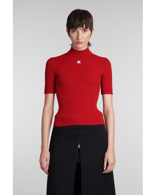 Courreges Red Viscose Ribbed Knit Top