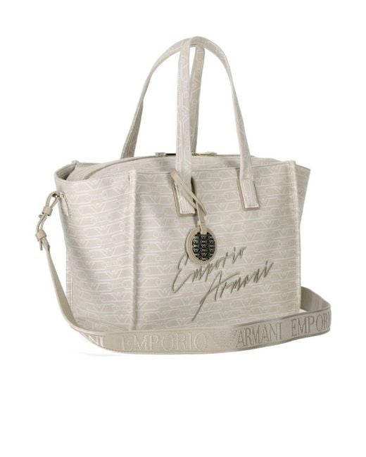 Emporio Armani White Monogram Natural Medium Shopping Bag