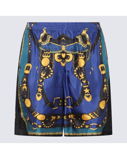 Versace Blue Multicolour Silk Medusa Shorts for men