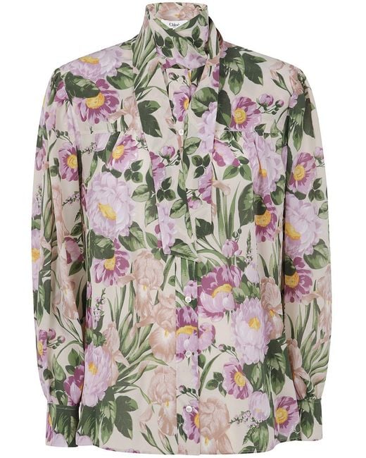 Chloé Gray Floreal Print Scarf Shirt