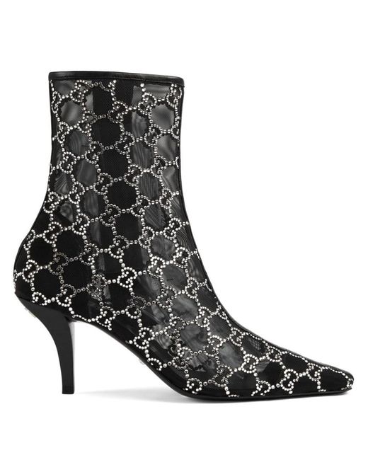 Gucci Black Tom Crystal-embellished Mesh Heeled Ankle Boots