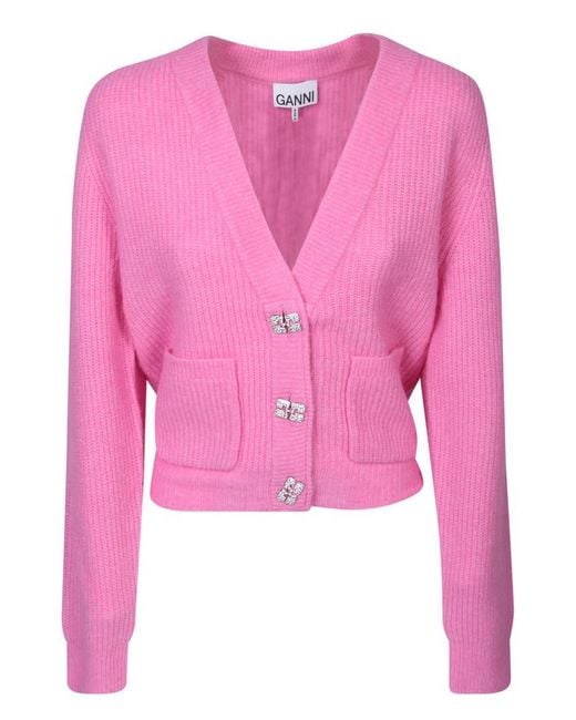 Ganni Pink Embellished Wool-blend Cardigan