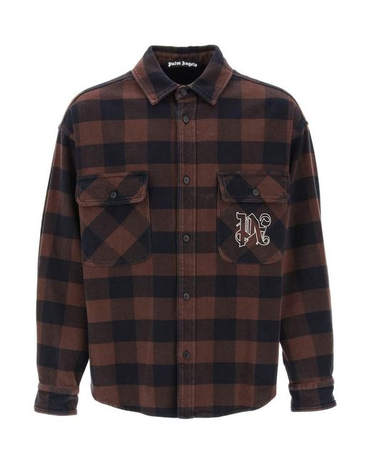 Palm Angels Black Flannel Overshirt With Check Motif for men
