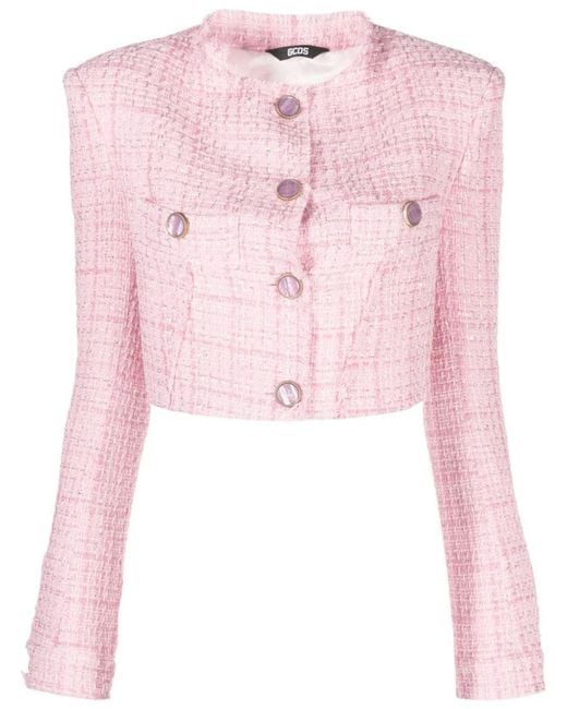 Gcds Pink Button-up Cropped Tweed Jacket