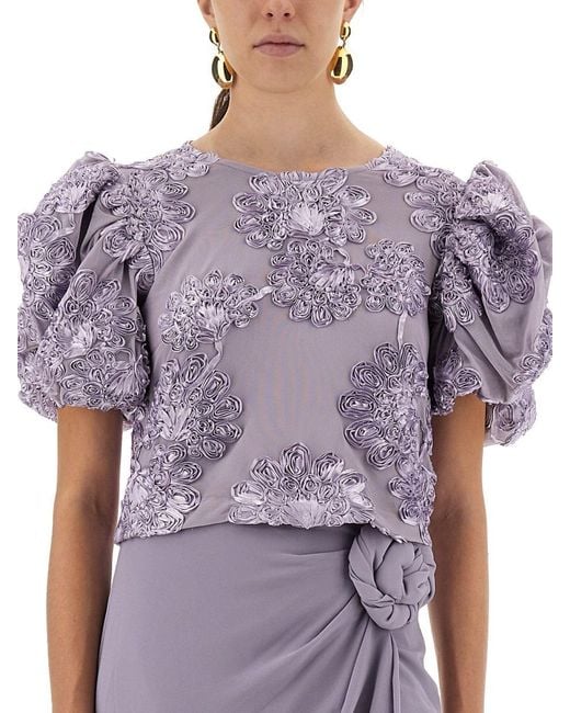 ROTATE BIRGER CHRISTENSEN Purple 3D Floral Mesh Top With Voluminous Puff Sleeves