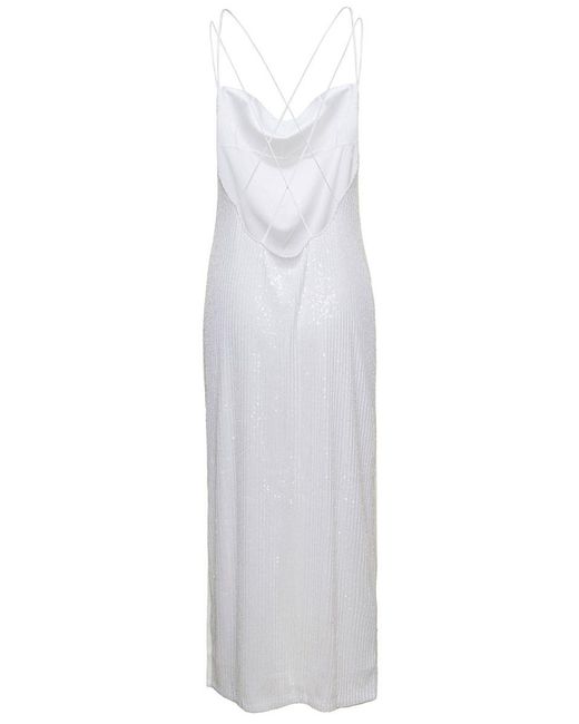 ROTATE BIRGER CHRISTENSEN White Maxi Dress With Draped Neckline And All-over Paillettes In Polyester Woman